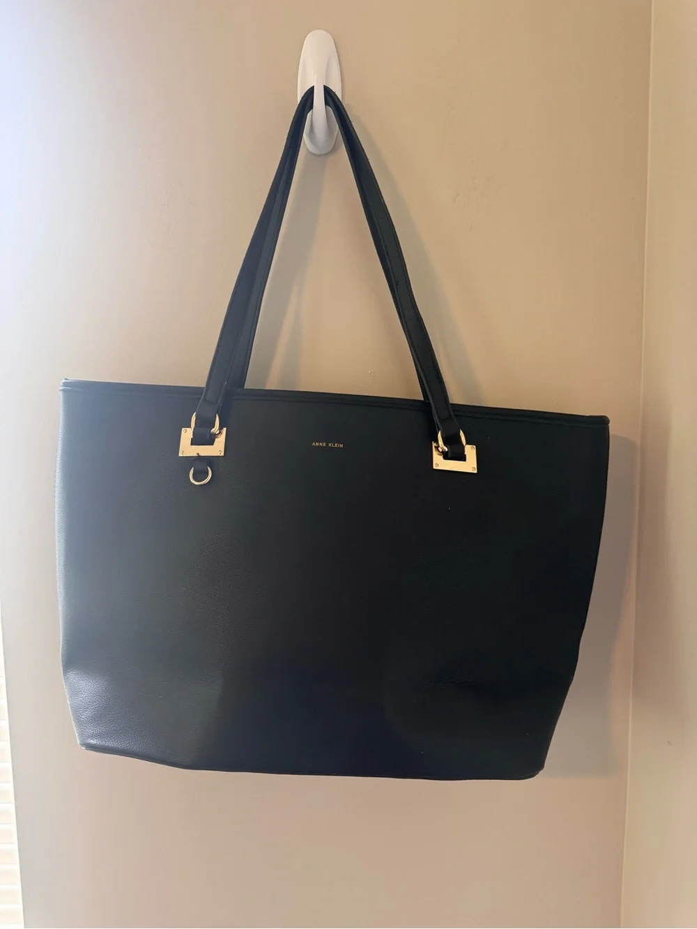 Anne Klein Black Faux Leather Tote Bag 2 pc Set Work Shoulder Bag Purse Chic